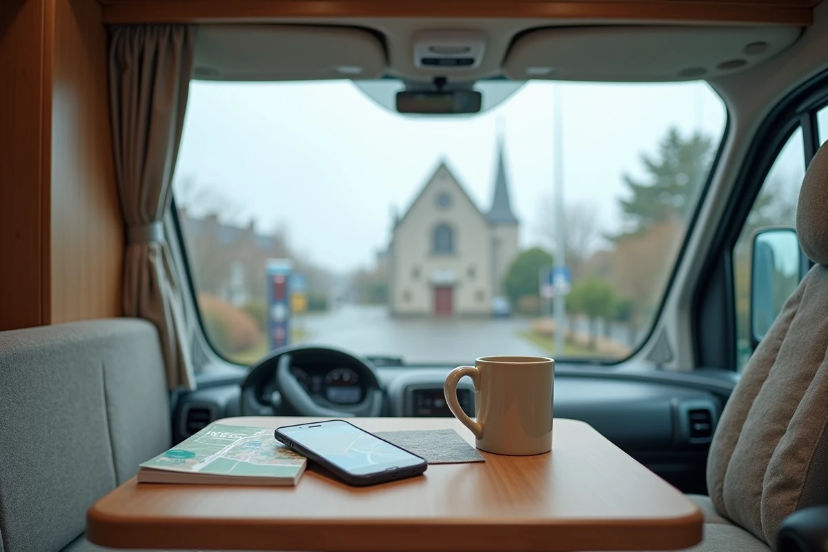 Intérieur d'un camping-car avec guide touristique du Finistère et GPS sur smartphone devant une place de village breton