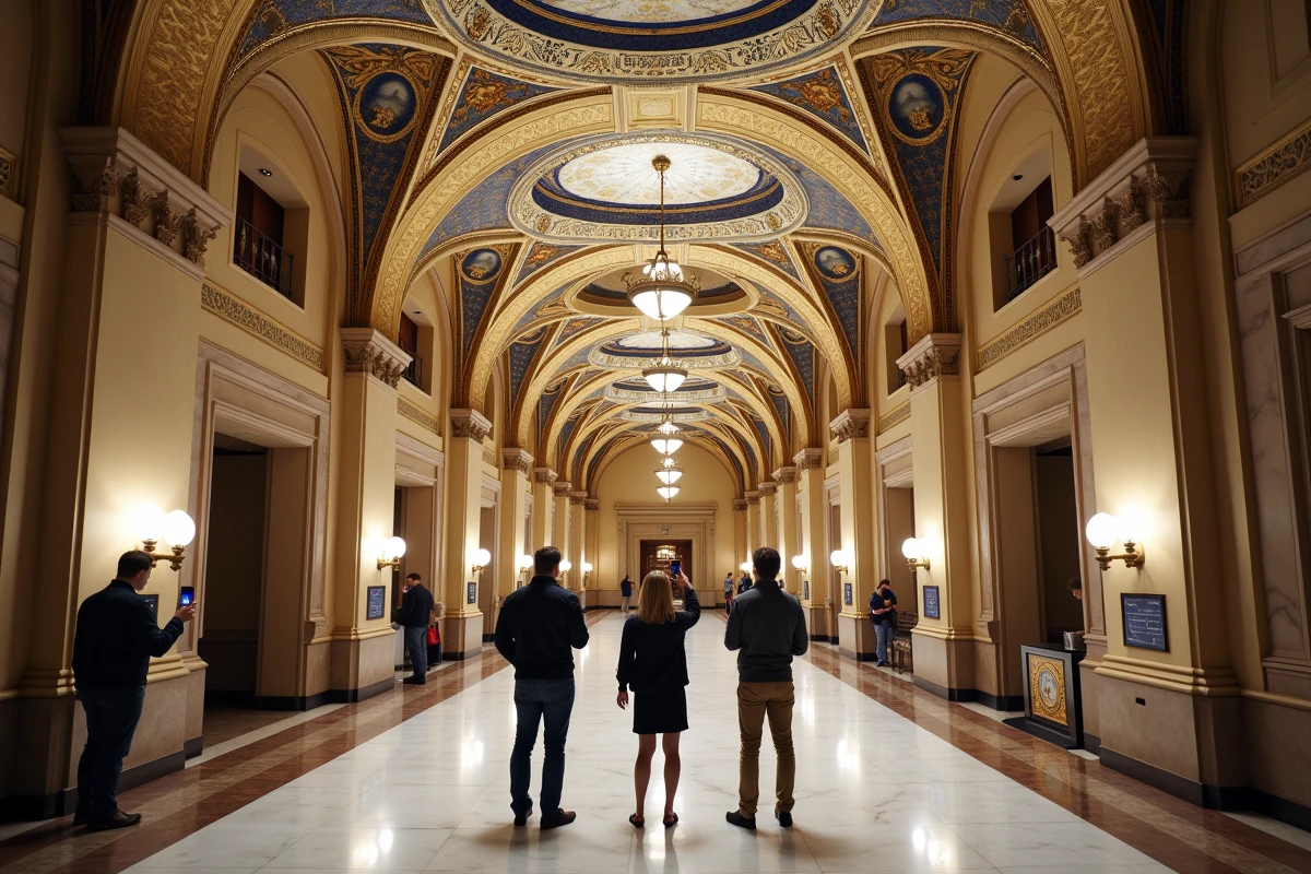 Intérieur du lobby monumental du Woolworth Building avec mosaïques byzantines et visiteurs admirant le plafond doré à New York