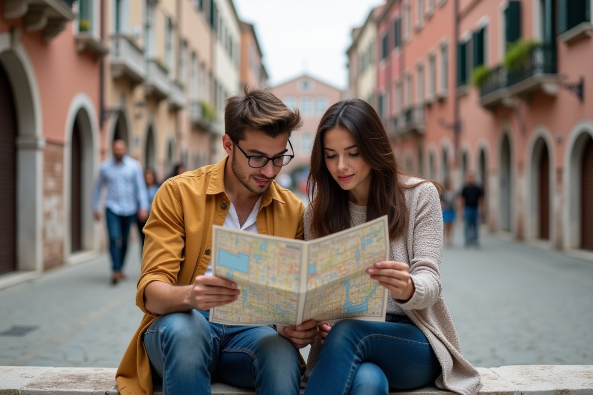 Jeune couple regardant une carte dans une piazza à Venise