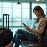 Jeune femme à l'aéroport vérifiant son smartphone avec un sourire