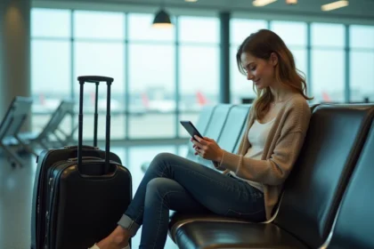 Jeune femme à l'aéroport vérifiant son smartphone avec un sourire