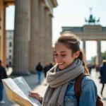 Jeune femme souriante devant la porte de Brandebourg à Berlin