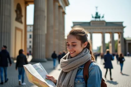 Jeune femme souriante devant la porte de Brandebourg à Berlin