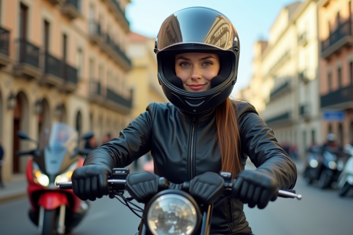 Jeune femme motarde en ville avec gants