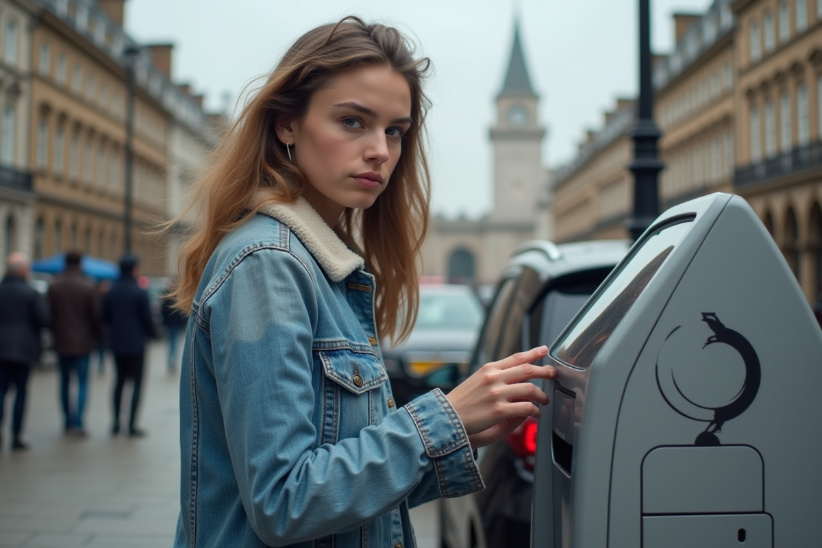Jeune femme utilisant un parcmètre à Londres