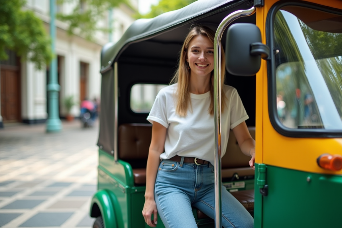 Jeune femme entrant dans un tuk tuk vert dans une place urbaine