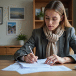 Jeune femme remplissant un formulaire de visa dans un bureau moderne