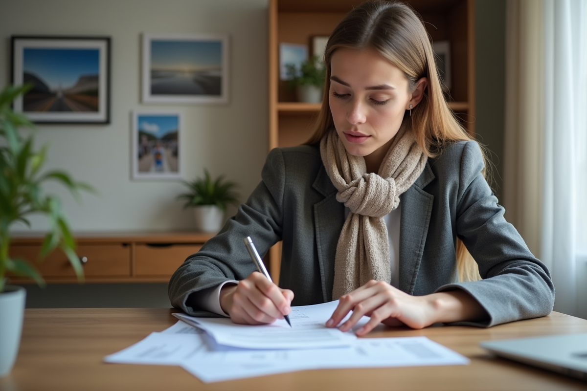 Jeune femme remplissant un formulaire de visa dans un bureau moderne