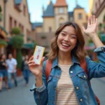 Jeune femme souriante avec ticket dans un parc d'attractions