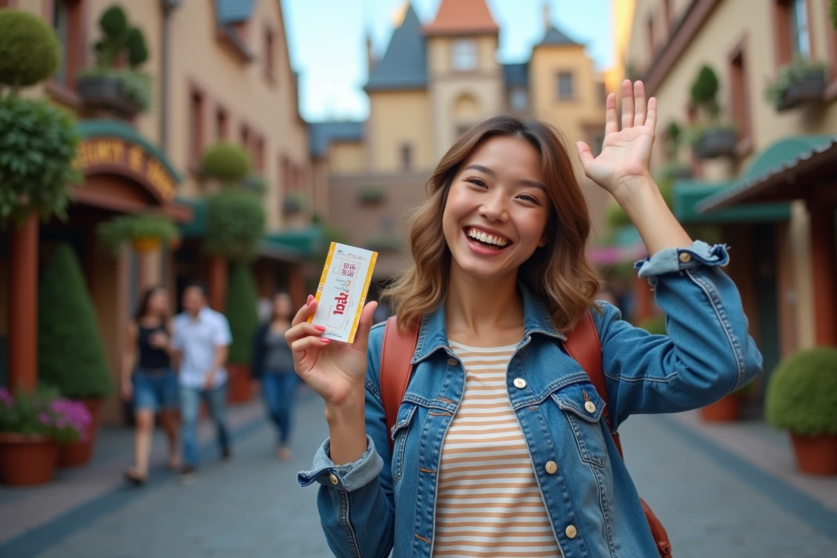 Jeune femme souriante avec ticket dans un parc d'attractions