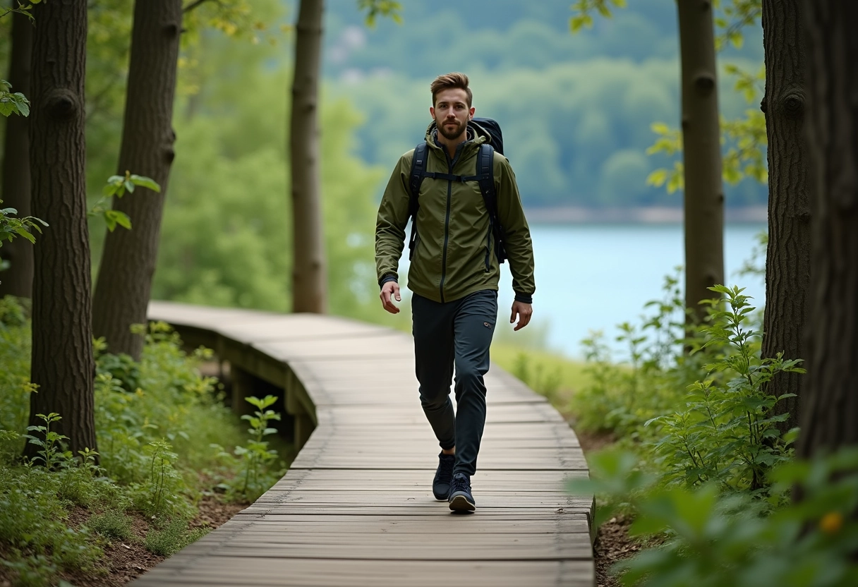 Jeune homme marchant sur un sentier en forêt près du lac