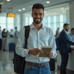 Jeune homme marocain à l'aéroport avec passeport