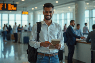 Jeune homme marocain à l'aéroport avec passeport