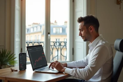 Jeune homme français travaillant à son bureau à Paris