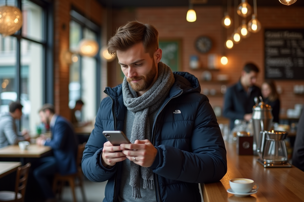 Jeune homme utilisant son smartphone dans un café animé