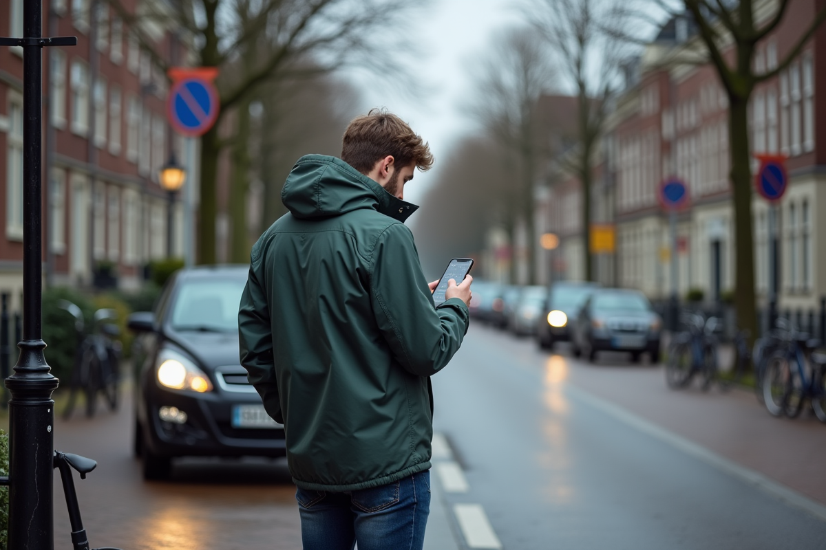 Jeune homme vérifiant un panneau routier sur une rue néerlandaise
