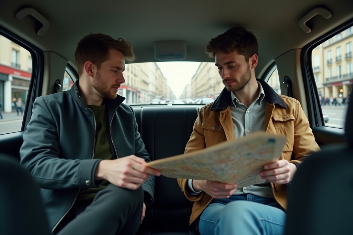 Jeune homme donnant une carte au chauffeur dans le taxi