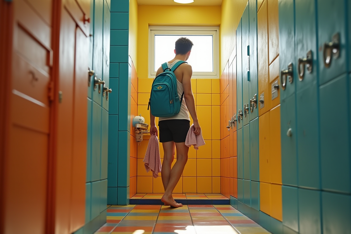 Jeune voyageur entrant dans une douche lumineuse de l