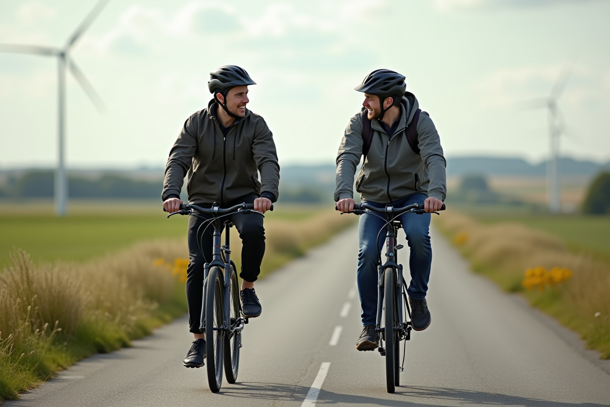 Deux jeunes hommes souriants à vélo dans la campagne danoise