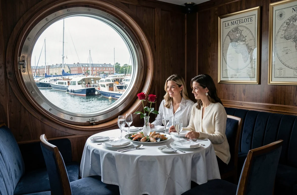 Table romantique pour deux au restaurant de La Matelote à Boulogne-sur-Mer avec vue sur le port et cadre nautique élégant