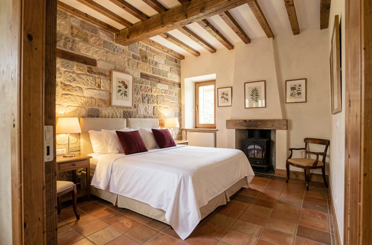 Suite romantique de La Niche à Richebourg avec murs en pierre, poutres en bois et lit king-size en lin blanc