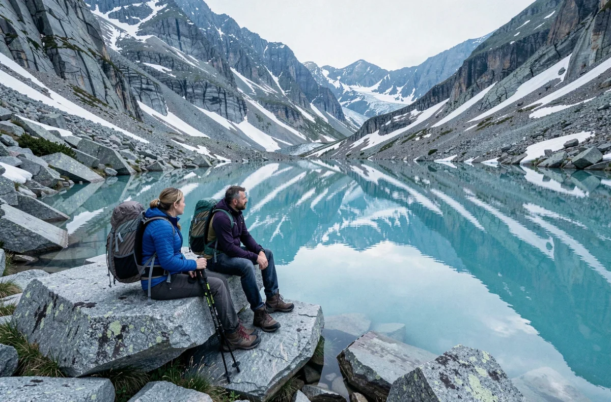 Deux randonneurs se reposant au bord du lac glaciaire Golemo Ezero dans le parc du Pelister