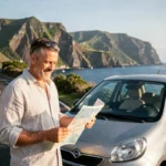Homme consultant une carte à côté d'une voiture de location sur une route côtière de Madère avec falaises volcaniques en arrière-plan