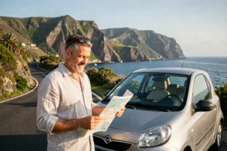 Homme consultant une carte à côté d'une voiture de location sur une route côtière de Madère avec falaises volcaniques en arrière-plan