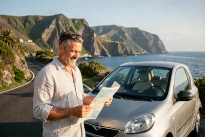 Homme consultant une carte à côté d'une voiture de location sur une route côtière de Madère avec falaises volcaniques en arrière-plan