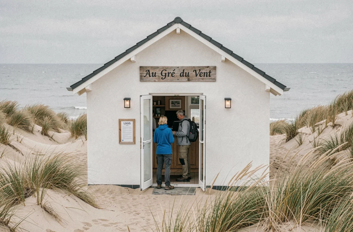 Logis Hôtel Au Gré du Vent avec sa façade blanche bordée de dunes sur la côte des Hauts-de-France