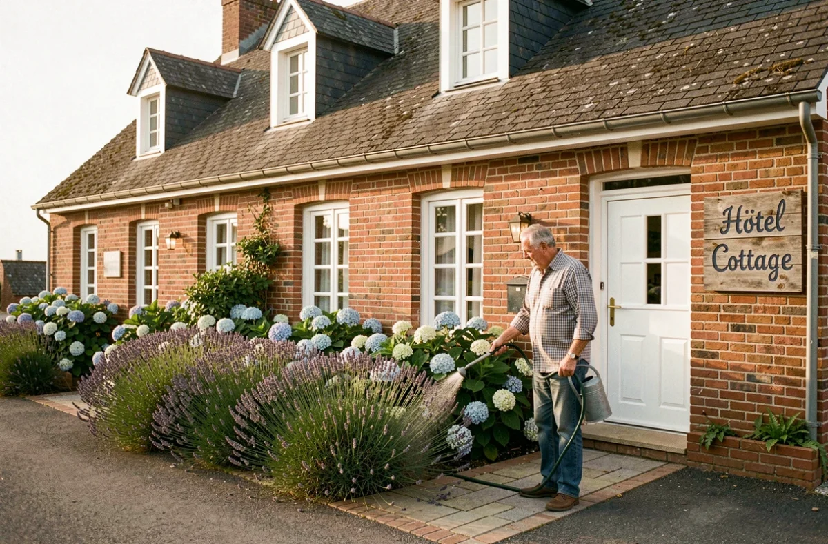 Façade cottage en brique du Logis Hôtel Cottage avec son jardin fleuri de lavandes et hortensias