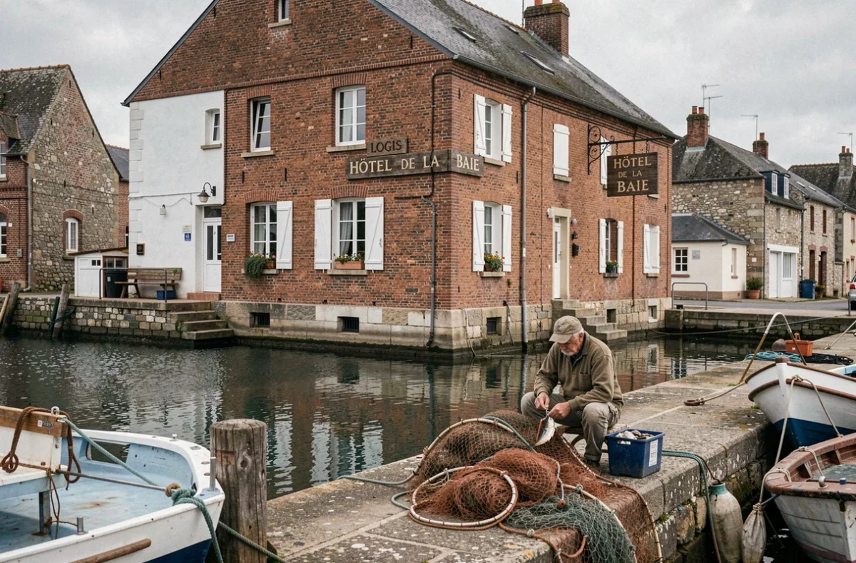 Logis Hôtel de la Baie au bord d'un port de pêche normand avec bateaux amarrés et pêcheur au premier plan