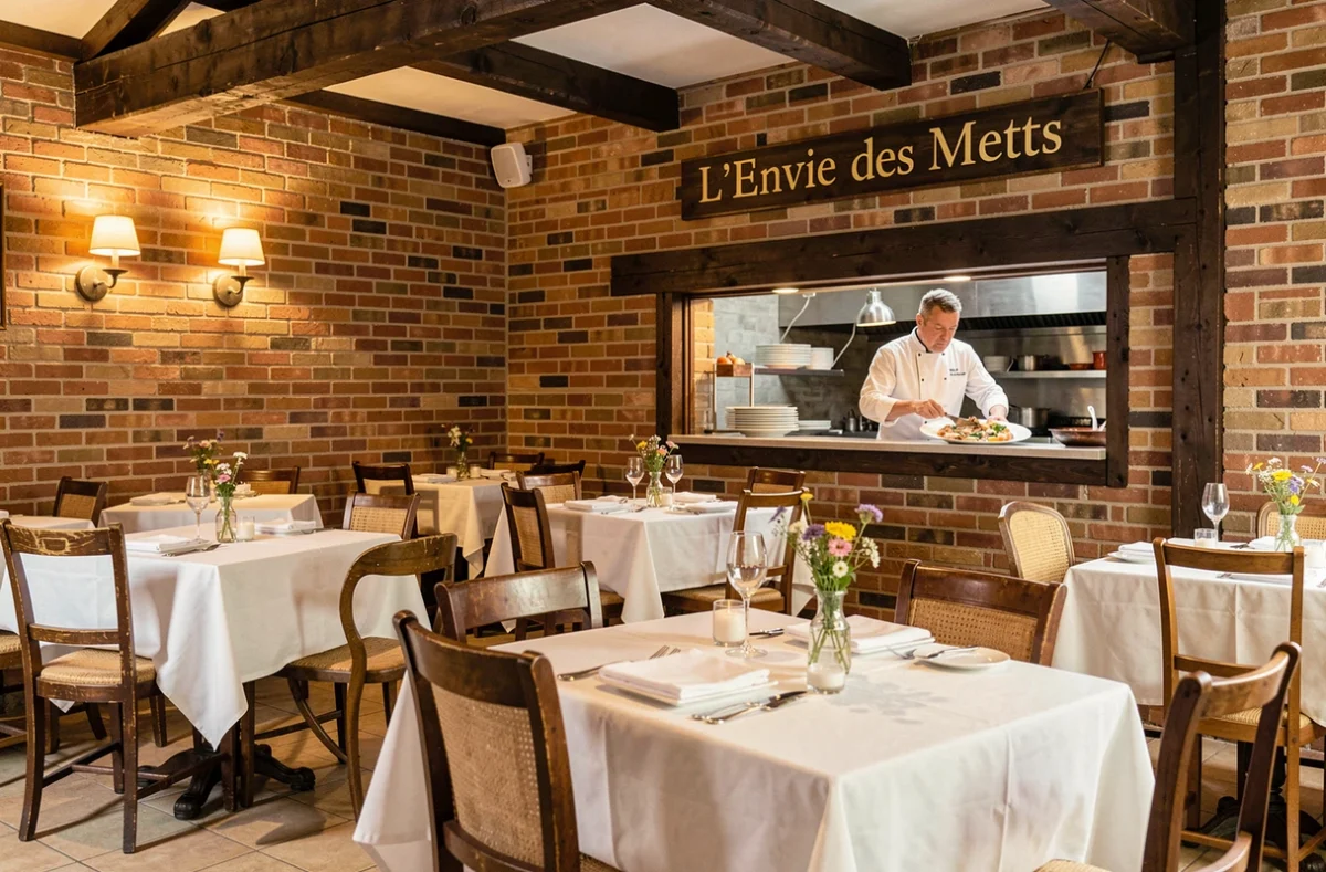 Salle de restaurant chaleureuse du Logis Hôtel l'Envie des Mets avec décor en briques et chef cuisinier en arrière-plan
