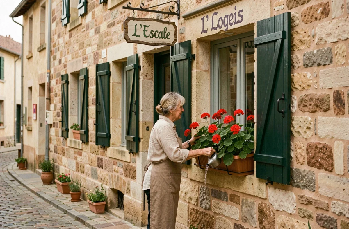 Façade accueillante du Logis Hôtel l'Escale avec la gérante arrosant les géraniums à l'entrée