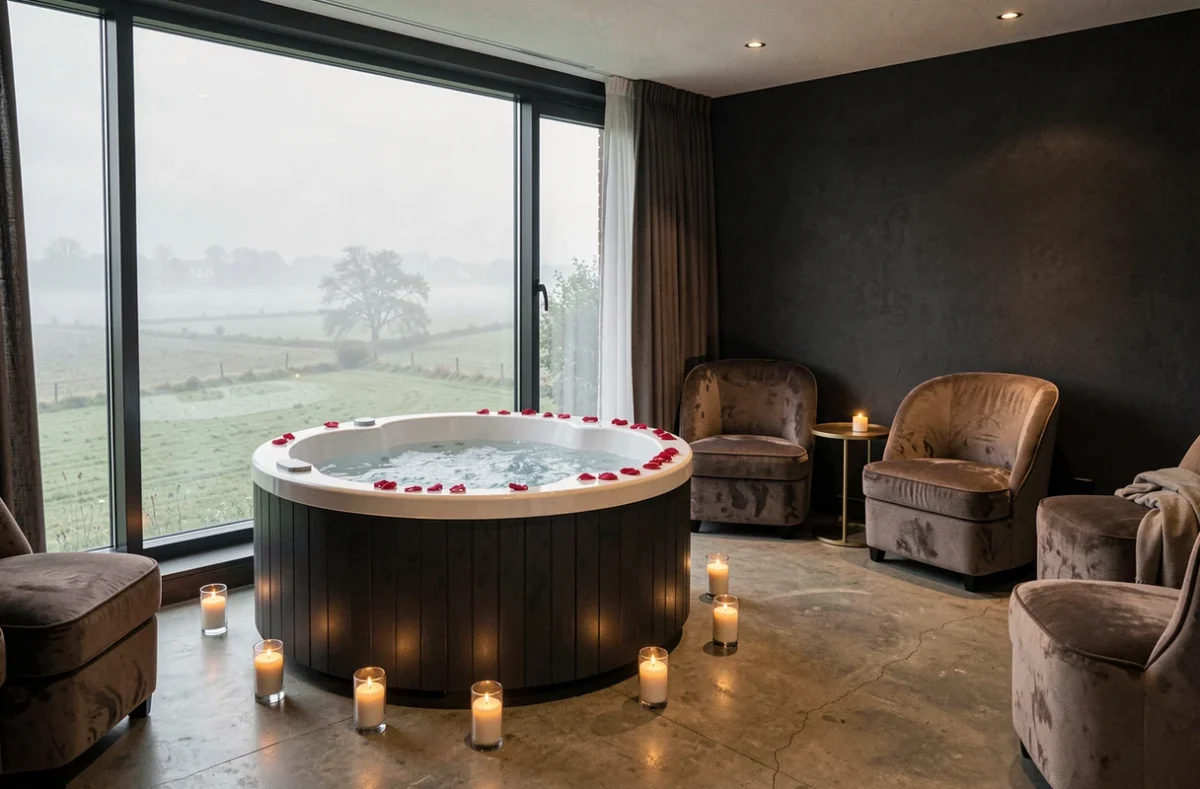 Suite avec jacuzzi privatif dans un hôtel romantique du Nord, vue sur la campagne flamande et décoration avec bougies
