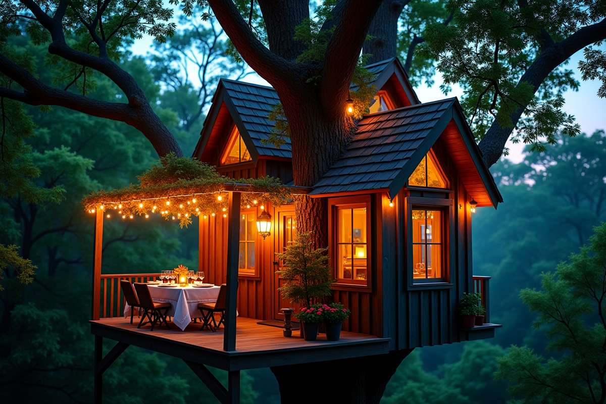 Maison arbre avec lumières de fête au crépuscule
