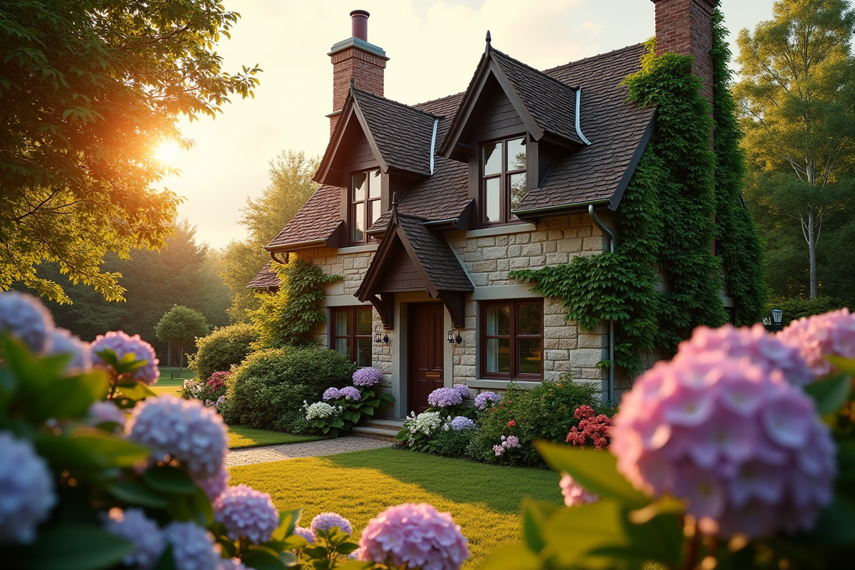 Maison en pierre avec hortensias en Normandie
