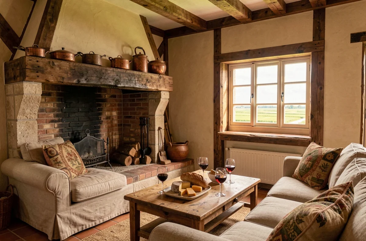Salon chaleureux d'une maison d'hôtes de charme en Flandre intérieure avec cheminée en brique et décoration flamande authentique