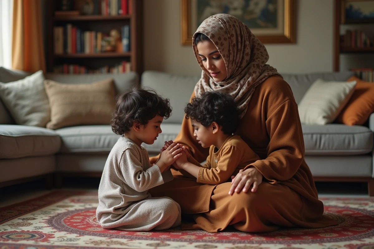 Mère nord-africaine prie avec ses enfants dans le salon