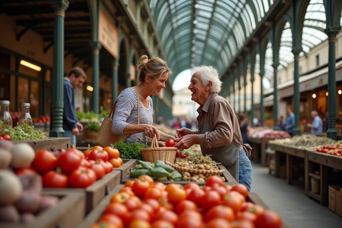 Femme découvrant les produits locaux d'un marché couvert authentique de Montauban avec un vendeur gascon