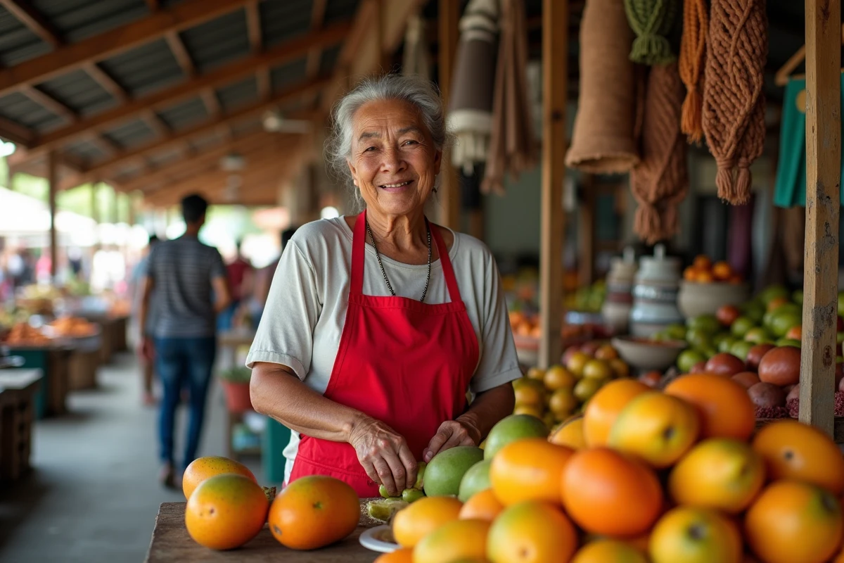 Vendeuse nicaraguayenne souriante dans le marché Roberto Huembes de Managua entourée de fruits tropicaux et d'artisanat local