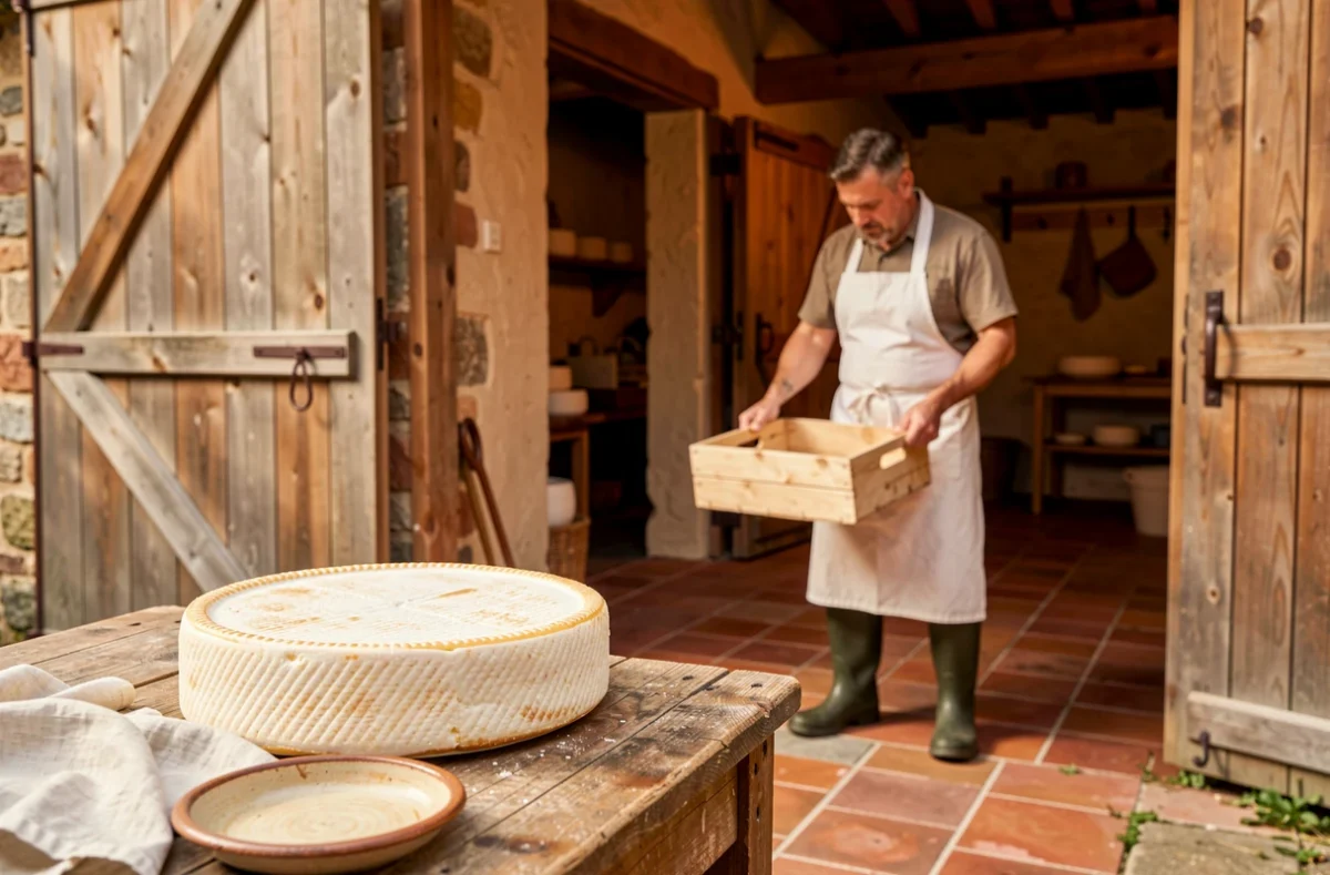 Fromage de Maroilles sur une table en bois dans une ferme artisanale du village du Avesnois, berceau du fromage éponyme