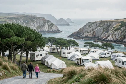 Vue panoramique d'un camping en Bretagne avec tentes et camping-cars au bord de la côte atlantique