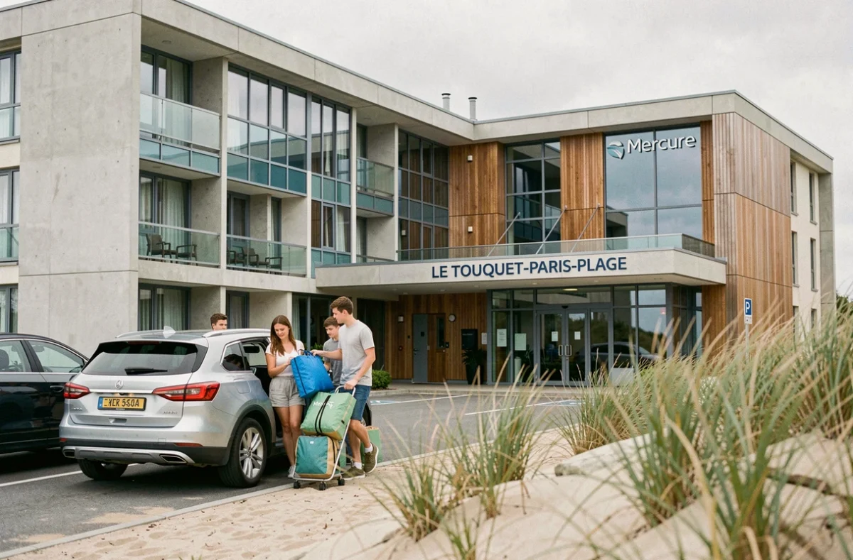 Extérieur du Mercure Le Touquet avec une famille arrivant devant l'hôtel proche des dunes