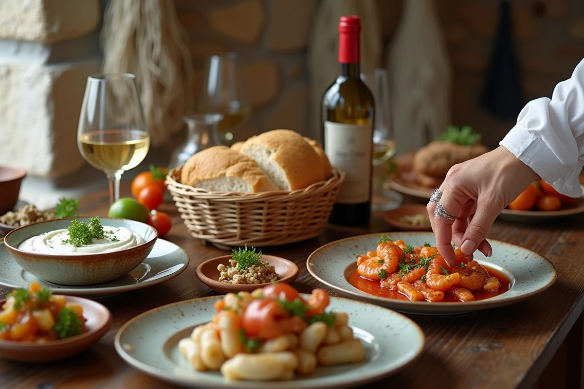 Table de mezze grecs typiques dans une taverne de l'île de Chalki avec dolmades, tzatziki et calamars grillés