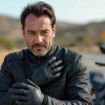 Motocycliste homme en protection en plein air