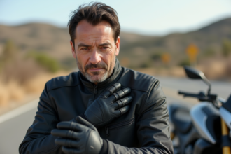 Motocycliste homme en protection en plein air