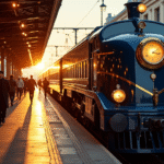 Train Orient Express au lever du soleil dans une gare vintage
