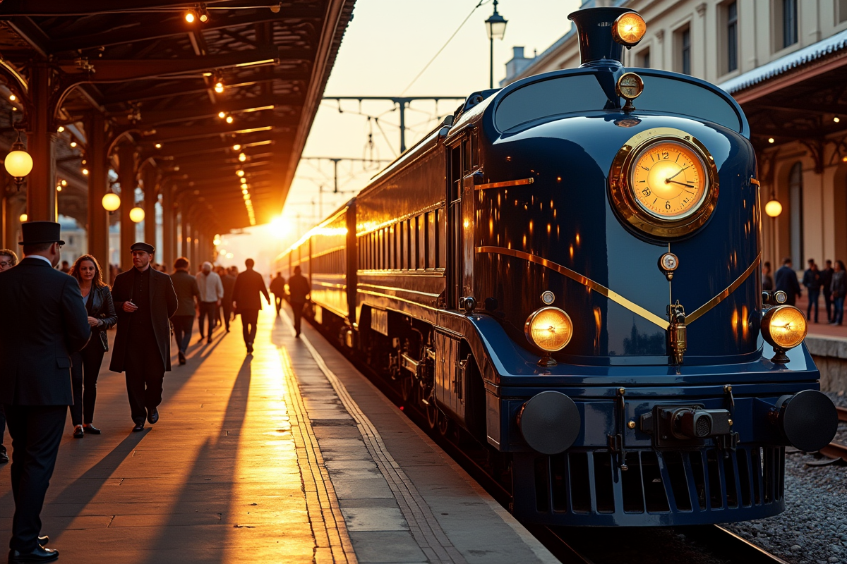 Train Orient Express au lever du soleil dans une gare vintage