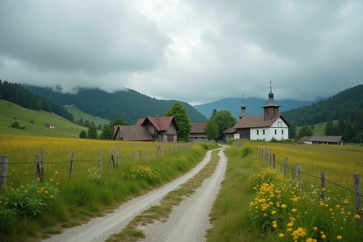 Vue panoramique d'un hameau bavarois isolé avec chapelle à dôme en oignon, granges en bois et prairies fleuries à perte de vue